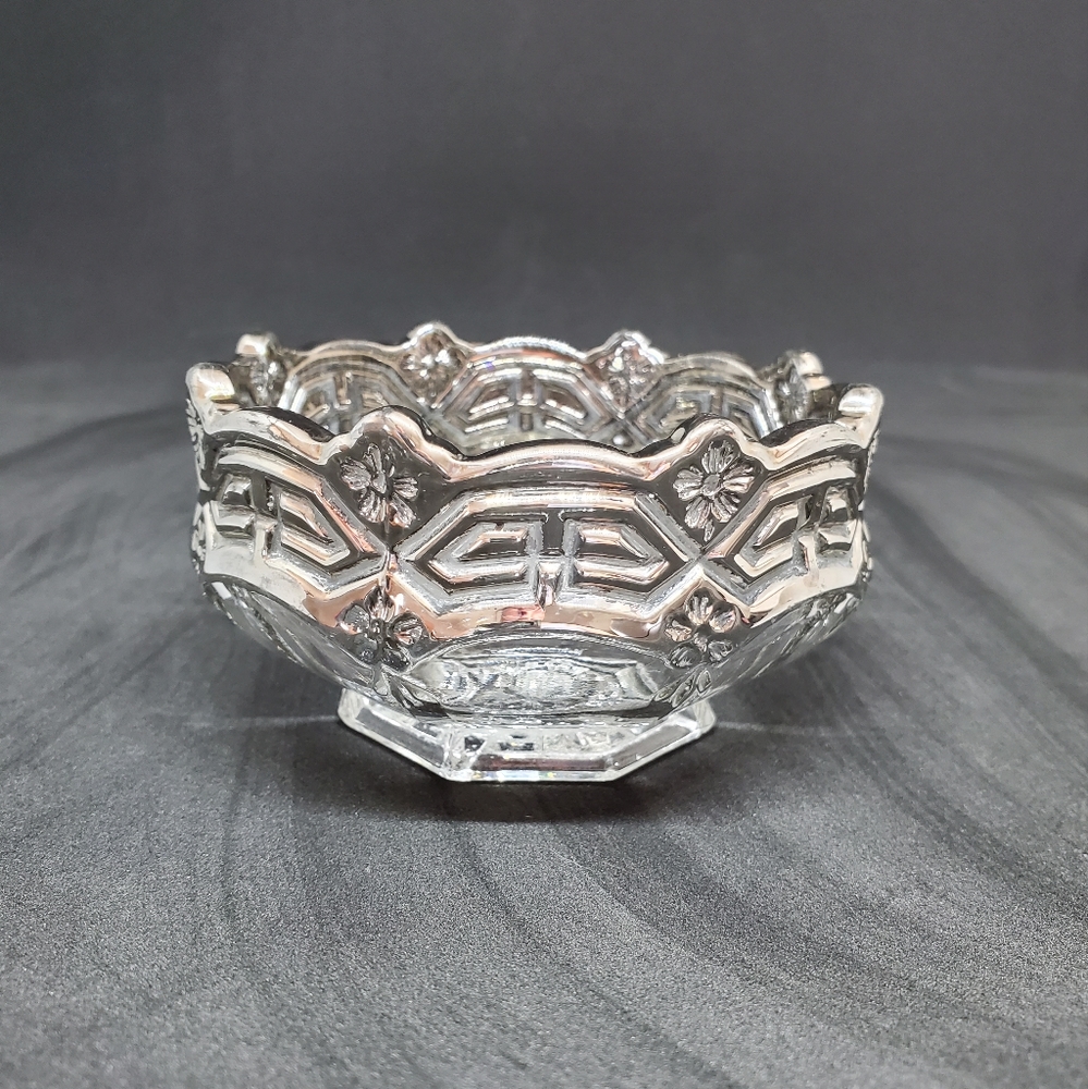 U.S. Glass Company "Reverse 44" Pressed Glass Small Bowl Silver Trim ~ Pre-Owned
